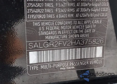 2017 Land Rover Range Rover 3.0L V6 Supercharged z USA, uszkodzony, nr VIN SALGR2FV2HA375826